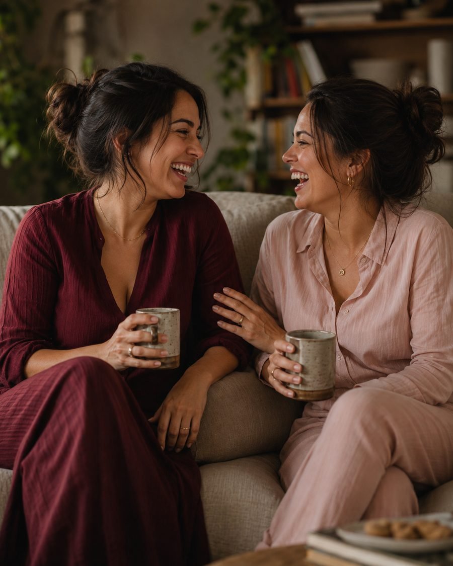 Duas amigas conversando e rindo juntas no sofá, com canecas de café